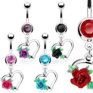 Piercing za pupak izrađen od čelika, silueta srca, procvala ruža s listovima, cirkoni - Boja cirkona: Ružičasta - R