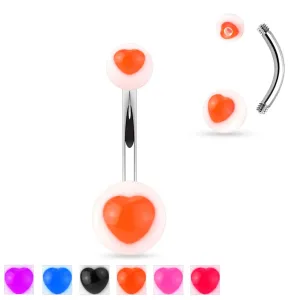 Piercing za pupak napravljen od 316L čelika - bijele akrilne perle sa obojenim UV srcem - Boja: Ljubičasta