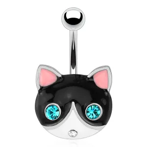 Piercing za pupak od nehrđajućeg čelika - mačka sa odvažnim plavim očima, crno -  bijela glava