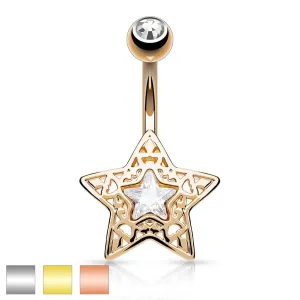 Piercing za pupak od nehrđajućeg čelika - rezbarena zvijezda sa svjetlucavim cirkonom u sredini - Piercing boja: Bakrena