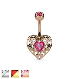 Piercing za pupak od nehrđajućeg čelika, urezano srce sa cirkonom u sredini - Piercing boja: Srebrna