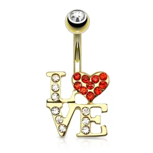 Piercing za pupak od nehrđajućeg čelika zlatne boje - natpis LOVE, srce, cirkon u loptici