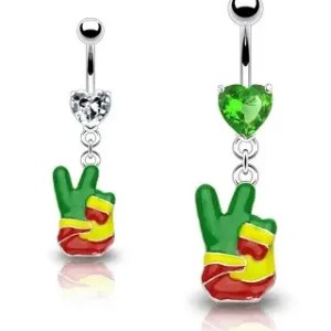 Piercing za pupak - rastafarijanski znak „PEACE”, cirkonsko srce - Boja cirkona: Prozirna - P