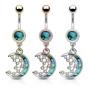 Piercing za pupak u čeliku - polumjesec premazan sa majkom perli, prozirne cirkon zviezde - Boja: Srebrna