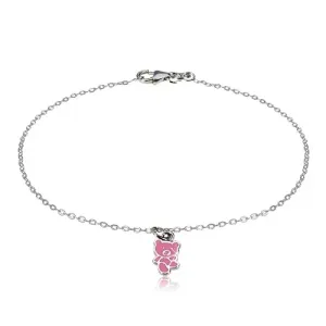 925 srebrna narukvica - medvjedić ukrašen glazurom ružičaste boje, sjajni lanac