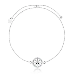 925 Srebrna narukvica, slip-on - tanki zmijski lančić, kompas, prozirni cirkoni