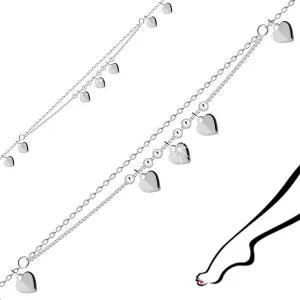 925 Srebrna narukvica za članak - dupli lanac, ukrašen sa srcima, perle