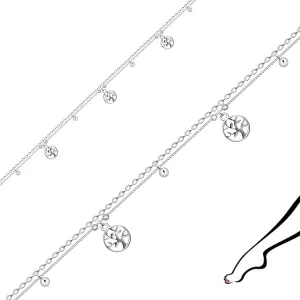 925 Srebrna narukvica za gležanj - dvostruki lančić, ukrašen punim perlama i drvetom života