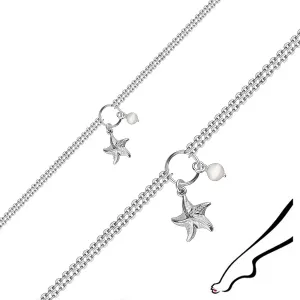 925 Srebrna narukvica za gležanj – morska zvijezda, uzgojeni biser, dvostruki lančić