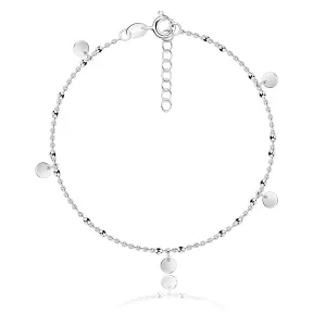 925 Srebrna narukvica za gležanj – plosnati prstenovi, tanki lančić, glatke perle