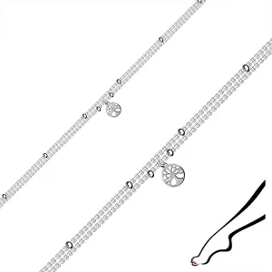 Dvostruka narukvica za gležanj od srebra 925 - drvo života u obruču, perle