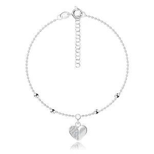 Narukvica od 925 srebra – podesiva, privjesak srce, okrugli cirkoni, glatke perle