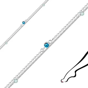 Narukvica za gležanj izrađena od 925 srebra - dvostruki lanac, plavi cirkon u okviru, topaz perle