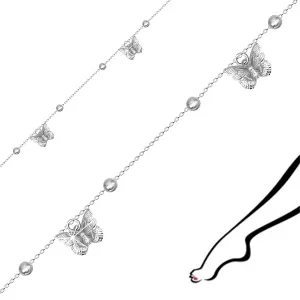 Srebrna narukvica za gležanj - lančić ukrašen leptirima i sjajnim perlicama