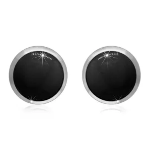 925 srebrne dugme naušnice - crna glazura u okruglom okviru