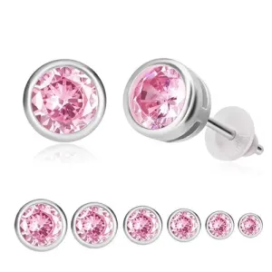 925 srebrne naušnice - cirkon ružičaste boje, okrugli držač, dugmad - Veličina loptice: 4 mm