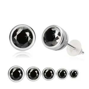 925 srebrne naušnice - crni cirkon, okrugli držač, dugmad - Veličina loptice: 3 mm