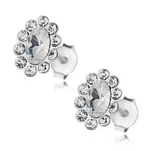 925 srebrne naušnice, ovalni cvijet i prozirni Preciosa kristali, dugmad