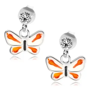 925 srebrne naušnice, prozirni Swarovski kristal, bijeli i narančasti leptir