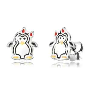 925 srebrne naušnice - sjajni pingvin s lukom, glazura trostruke boje
