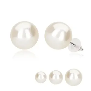 Dugme naušnice, bijela sintetička perla, 925 srebro - Veličina loptice: 8 mm