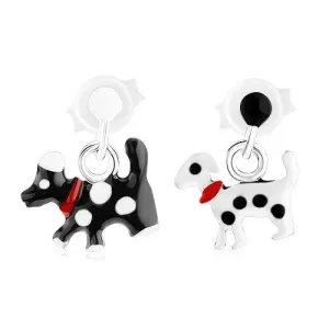 Dugme naušnice od srebra 925, viseći pas s točkicama i psećom ogrlicom - Boja: Bijela