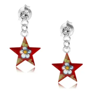 Naušnice napravljene od 925 srebra, crvena zvijezda sa cvijetom o bojama, kristal
