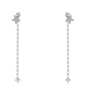Naušnice od srebra 925 - zvijezda, okrugli cirkoni, lančić, nitne