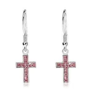 Viseće srebrne naušnice - križ s ružičastim cirkonima