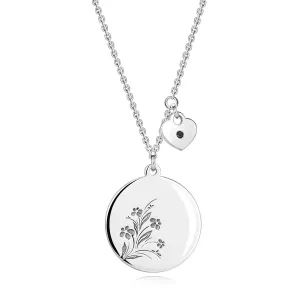925 Srebrna ogrlica - crni dijamant, srce, disk sa cvijećem