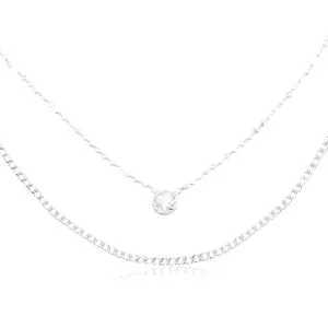 925 srebrna ogrlica, dvostruki lančić, okrugli prozirni cirkon