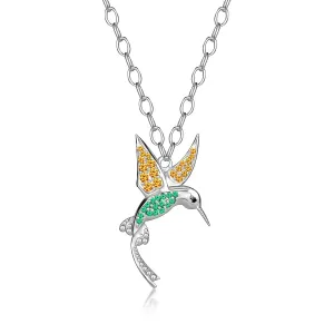 925 Srebrna ogrlica - kolibrić, žuti, zeleni, crni kamen, tanki lančić