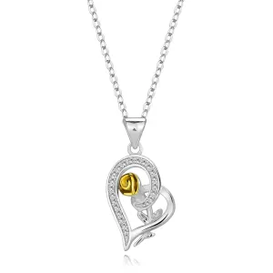 925 Srebrna ogrlica – kontura srca sa cirkonima, ruža sa glavom zlatne boje