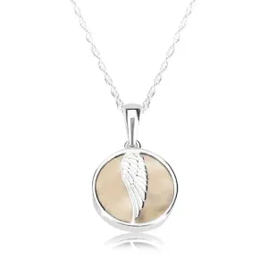 925 srebrna ogrlica - krilo anđela, sjajni krug, mramorna glazura krem boje