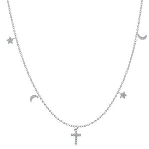 925 Srebrna ogrlica - križ, zvijezde i mjesec, prozirni cirkoni