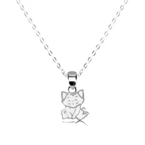 925 srebrna ogrlica - mačka koja sjedi, bijela glazura, sjajni lančić