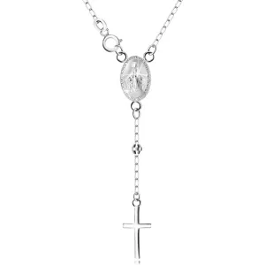 925 Srebrna ogrlica - medaljon s Djevicom Marijom i križem, lančić s perlicama