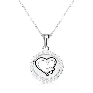 925 srebrna ogrlica - okrugli privjesak sa srcem i cvijetom, tanki lančić