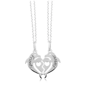 925 srebrna ogrlica - polovice srca od dva dupina, Friends Forever