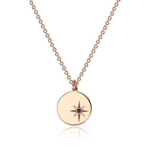 925 srebrna ogrlica ružičasto-zlatne boje - sjajni krug, sjeverna zvijezda, crni dijamant