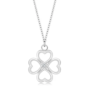 925 Srebrna ogrlica - srce djeteline s četiri lista s prozirnim dijamantom