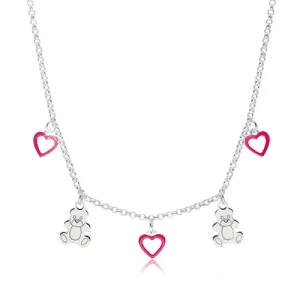 925 srebrna ogrlica za djecu - silueta srca s ružičastom glazurom i sjajnim medvjedima