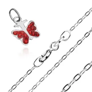 Ogrlica - lančić i privjesak u obliku crvenog leptira, 925 srebro