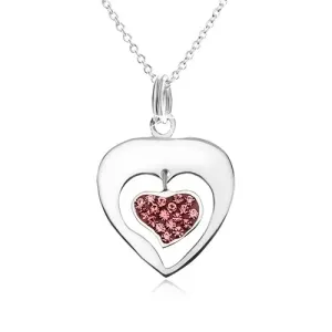 Ogrlica - lančić, silueta srca, srce, ružičasti cirkoni, srebro 925