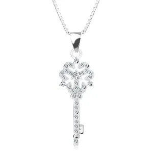 Ogrlica od srebra 925, lančič s privjeskom, ključ sa cvijetom, prozirni cirkoni