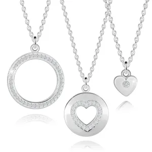 Set od tri srebrne ogrlice 925 - srca, prsten, okrugli cirkoni