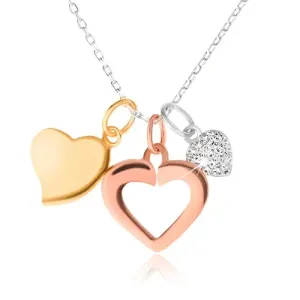 Srebrna ogrlica - lančić, tri srca, zlato, srebro i bakrena boja