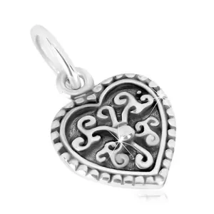 925 srebrni privjesak - simetrično srce, ornament cvijet s lopticom, patina