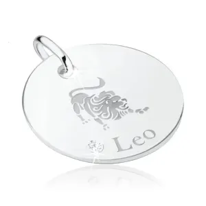 Okrugli privjesak od 925 srebra, dekorativna gravura - horoskopski znak lava, cirkon