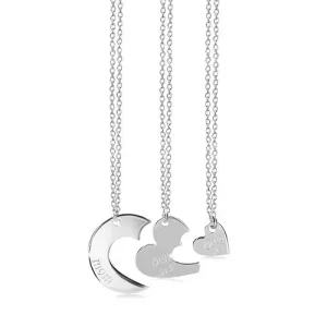 925 silver three-set - three necklaces, circle with cuts-out, heart and inscriptions